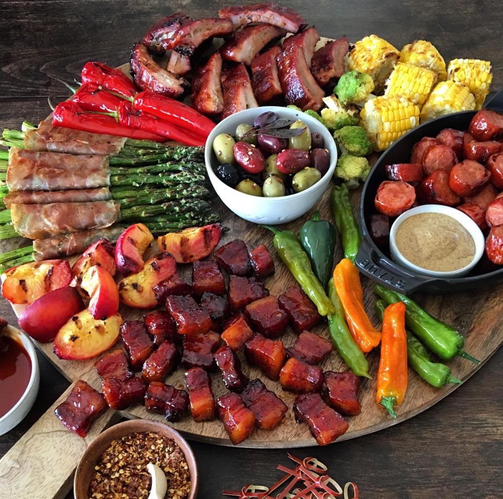 Grilled pork charcuterie board... perfect for patio entertaining