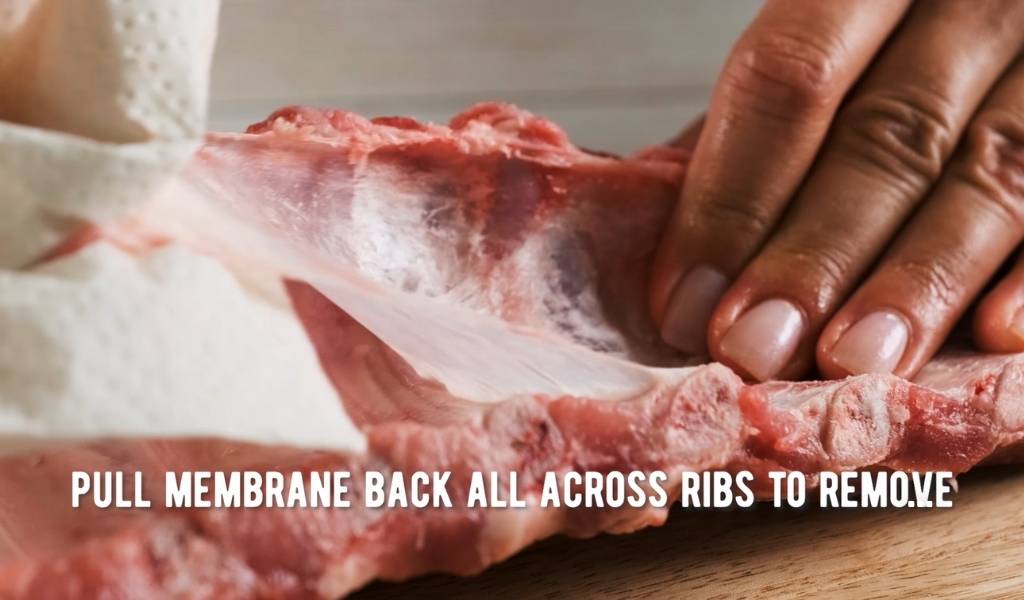 Step 2 to removing membrane from ribs - Pull up and across